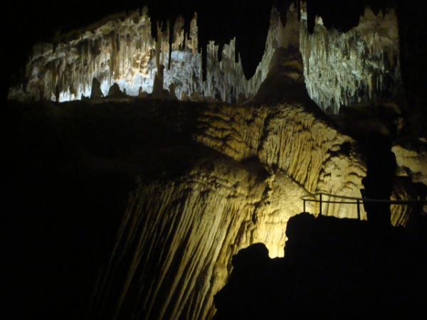 This rock inside Carlsbad Caverns National Park collapsed eons ago, which is made apparent by the tilting stalactites. In the freshly-made space, new stalactites have formed.