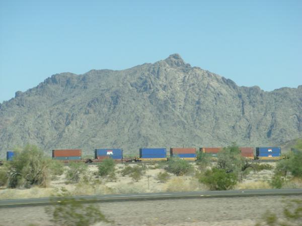 We would see a lot of freight lines, both BNSF and UP, on our trip. The backdrop of the mountains and the long line of cars always seemed to match up. This was somewhere along I-8 in Arizona.