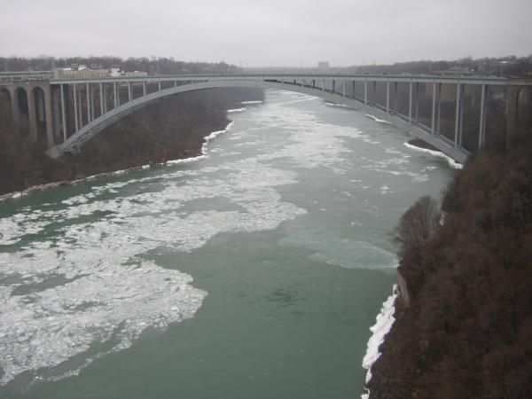 February - Niagara Falls, 15th April, 2007.  Ice floating under the Rainbow Bridge.  The tourist season had not yet opened, and there was still lots of snow and ice around.