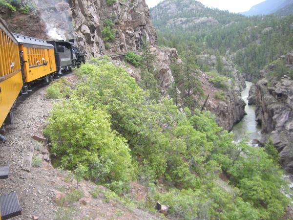 June - Durango to Silverton railway, CO 22nd May, 2007.  High above the Animas River the little steam engine clings to the mountain side.