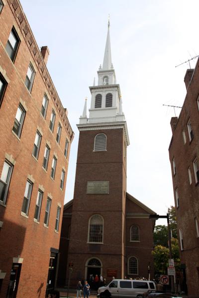 The old North Church tower in Boston, MA is where Paul Revere sounded the warning bell.