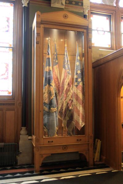 These flags near the entrance of the State House in Hartford, CT were actually used on the field during the Civil War in the 1860s. That makes them... old.