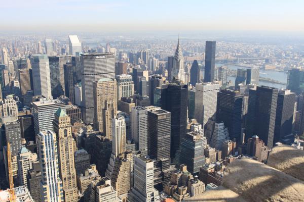 This is the typical view you get when standing on the 86th floor observatory of the Empire State Building in New York, NY.