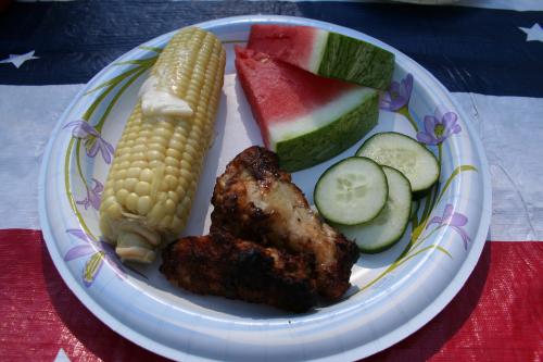 BBQ Chicken Wings, Corn on cob, Watermelon & Cucumber slices....finger food!