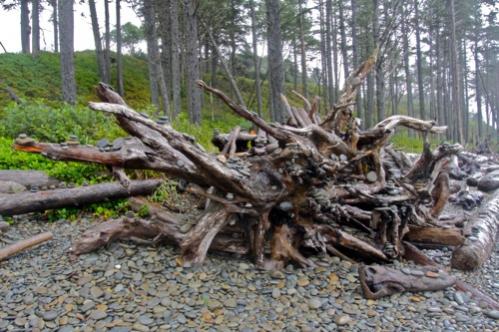 A huge piece of driftwood is attractive enough to pile rocks at Ruby Beach in Olympic National Park