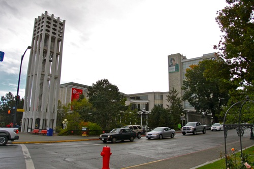 The Royal BC Museum is watched by the singing carillon bell tower in Victoria