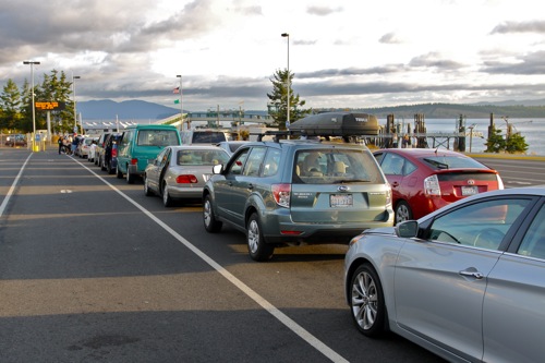 The line of cars waiting to get on the ferry to Canada at Anacortes, WA