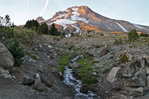 Fresh snowmelt coming off the peak of Mount Hood