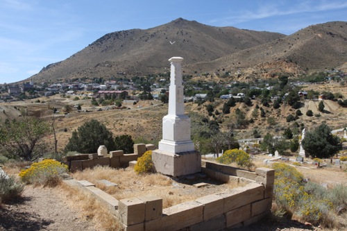 A 140-year-old marker at the cemetery overlooking Virginia City, NV