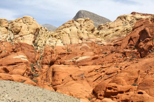 Slanted older layers have surfaced from beneath the newer ones, creating a split-level scene at Red Rock Canyon NCA.
