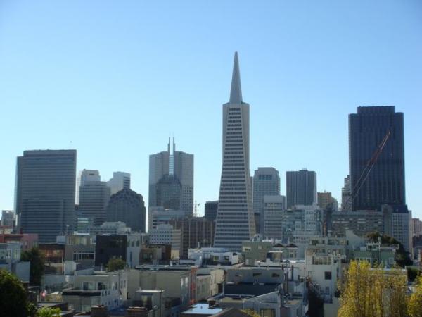 The familiar skyline of San Fransisco, CA, as viewed from the Coit Tower
