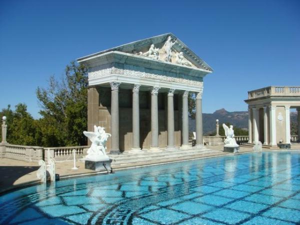 The outdoor pool of Scotty's Castle, located just north of San Simeon, CA, featured many old structures from Europe. Even the pillars you see were taken from Greece and placed here.