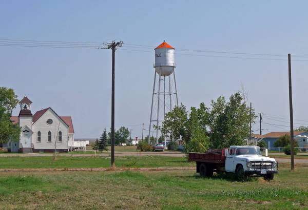 Church, water tower and truck