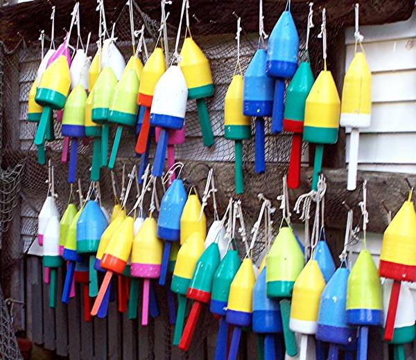 Lobsters Bouys Ling Walls at Boothbay Harbor