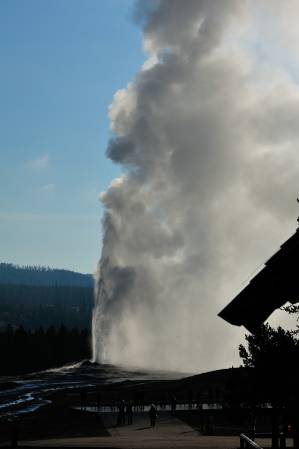 Old Faithful from verande of Old Faithful Inn, Yellowstone NP, Wyoming